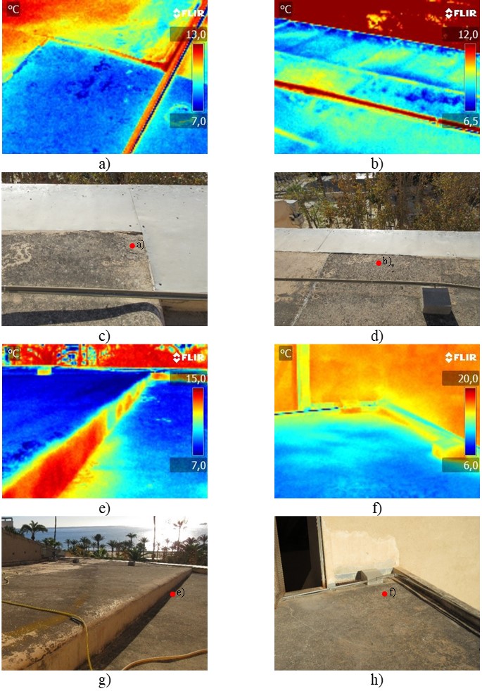 Thermography roof 2: a) Deterioration of perimeter joint, b) Detail of failure in perimeter joint in contact of the skirt with the facade, c) and d) Image a) and b) with digital camera, e) Detail of the lateral end of the skirt and connection with the roof, f) Perimeter zone of the skirt in the access area to the roof; g) and h) Image e) and f) with digital camera. The red dots indicate the location of the thermography in the associated image.