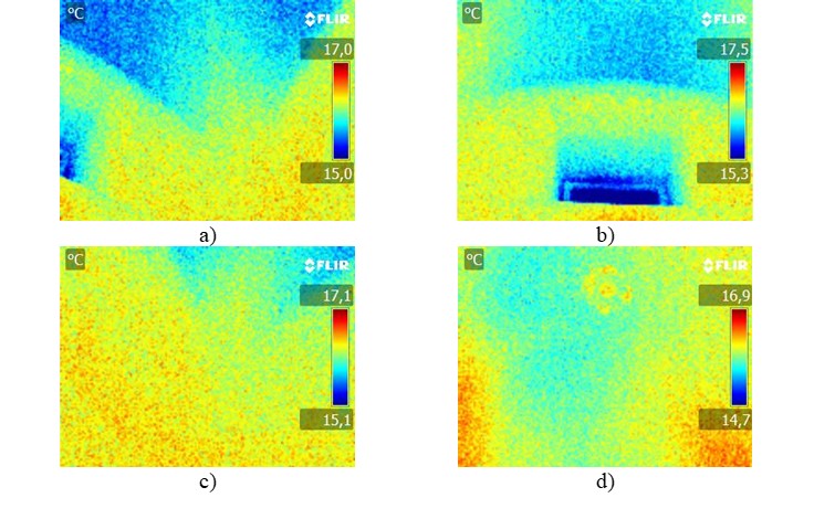 Thermography of rooms under roof 1, adjacent to the Communion Chapel: a) Connection of the main arch with the exterior facade, in the area of access to the Communion Chapel, b) Connection of the facade with the roof in the window area, c) Second corner of the facade wall, equivalent to image (a), d) General view of the roof from below.