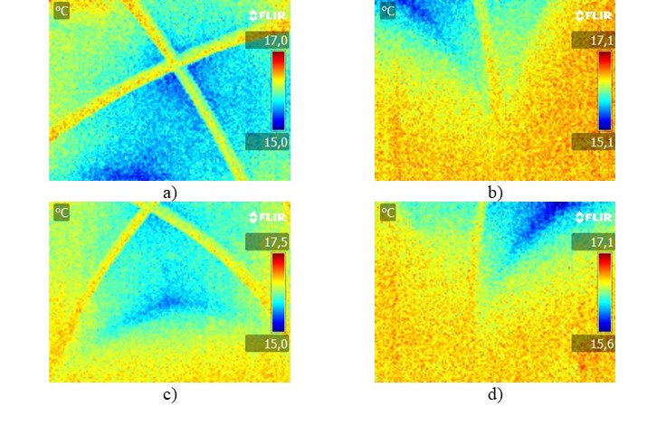 Thermography of rooms under roof 1, adjacent to the side building: a) General view of roof, b) Connection between facade and side corner, c) Connection between facade and roof, d) Connection between facade and opposite side corner.