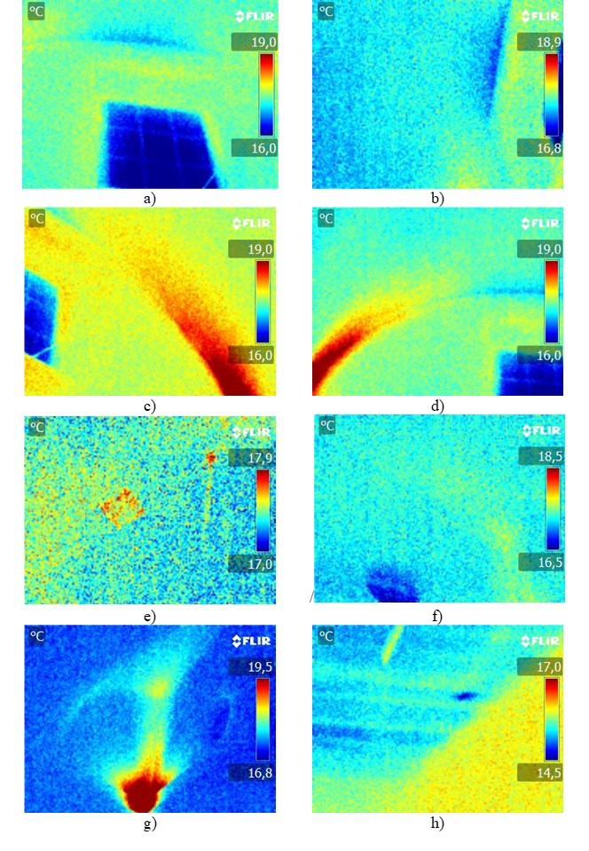Thermography of room under roof 2: a) window and slab area, b) lower view of roof, c) connection view of slab side wall, d) connection view of slab side wall, e) central area of roof, f) view of rear dividing wall, g) connection view of side wall and rear wall, h) leak in outbuilding area.