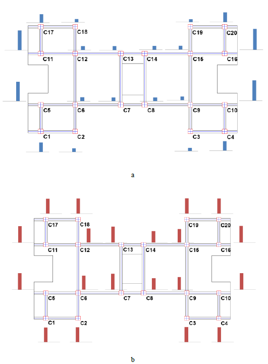 Distribuci&oacute;n de momentos en Estructura con Diafragma
(a) R&iacute;gido, (b) Flexible, Sismo 1 y PGA de 0,30 g.