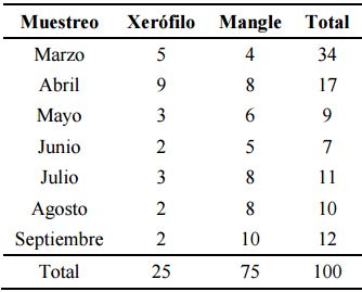 Número de observaciones de Argiope
argentata en el bosque xerófilo y de manglar, en los alrededores de Guayacán,
Península de Araya, estado Sucre, durante los siete muestreo mensual.