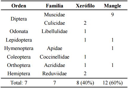 Composición de las presas capturadas
por Argiope argentata en el bosque xerófilo y el manglar, en los alrededores de
Guayacán, Península de Araya, estado Sucre.