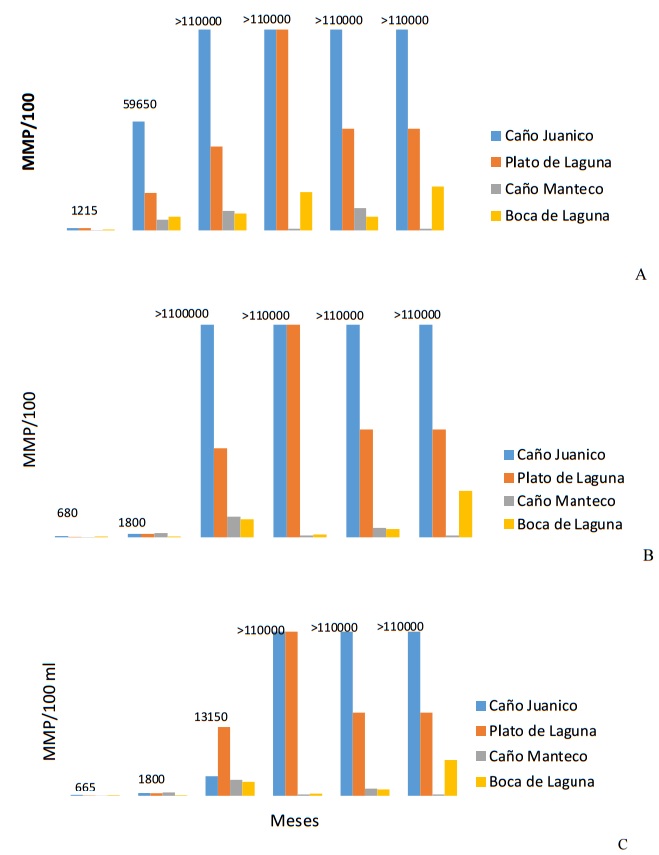 Coliformes totales (A), Coliformes fecales (B) y Echerichia coli (C) en los
sitios muestreados en el ecosistema acuático Laguna Grande en los meses de
enero-junio 2013.