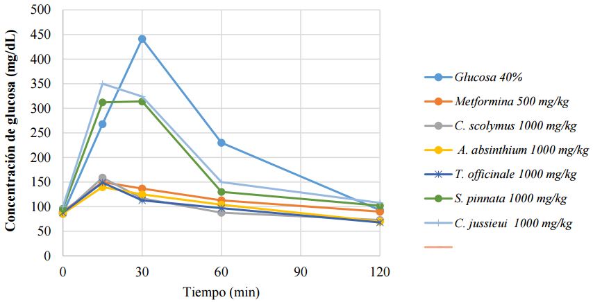 Curva de tolerancia de glucosa producto del
tratamiento de las ratas con los extractos de las plantas medicinales en
estudio.
