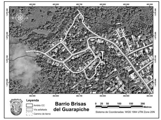 Ubicaci&oacute;n geogr&aacute;fica del Barrio Brisas del Guarapiche,
a partir de una imagen satelital 