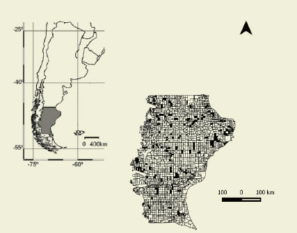 Provincia de Santa Cruz, Argentina.
En el mapa de establecimientos ganaderos, las estancias muestreadas se se&ntilde;alan
en negro.