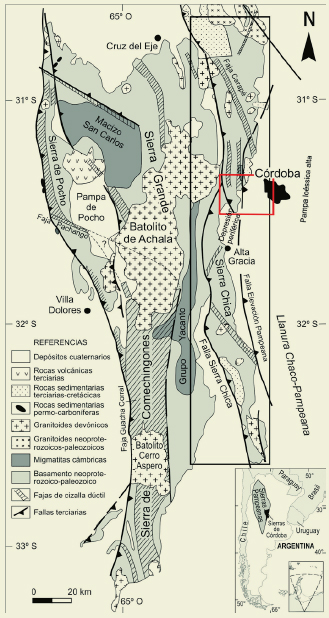 Esquema
geol&oacute;gico de las Sierras de C&oacute;rdoba, adaptado y modificado de Martino et al.
(2012)