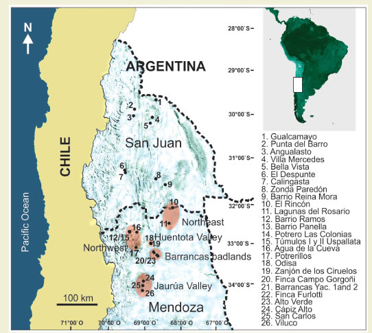 Figure 1. Location of the sub-regions and main sites of Mendoza and San Juan
