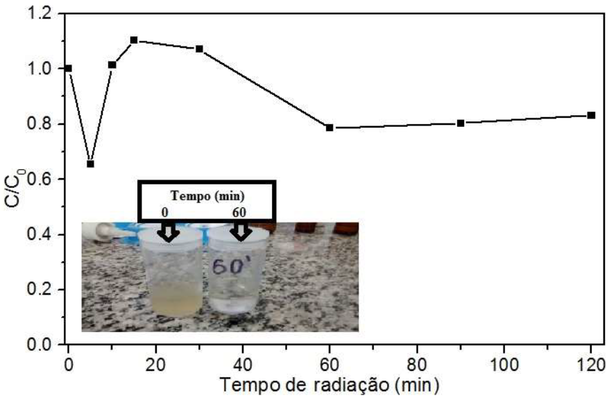 Remo&ccedil;&atilde;o de COT ([COT0]= 695 mg L-1 ) no tratamento do efluente de batata utilizando o processo foto-Fenton heterog&ecirc;neo solar (&sum; de energia : 31 J cm-2 ); [Ferrita]= 0,10% m/v; [H2O2] = 30 mmol L-1 em 250,00 mL de solu&ccedil;&atilde;o.