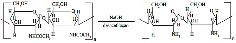 Rea&ccedil;&atilde;o de desacetila&ccedil;&atilde;o da quitina, originando a quitosana96.