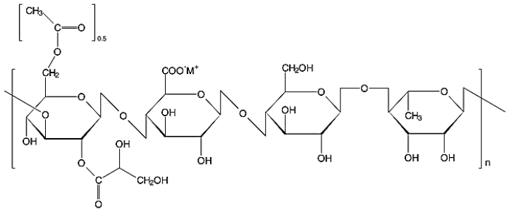 Estrutura qu&iacute;mica da forma nativa da goma gelana (baixa acetila&ccedil;&atilde;o) (Adaptado de Mao, 2000)111.