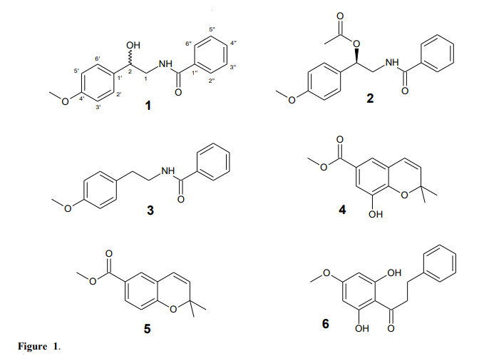 Tembamide (1), (R)-(–)-tembamide acetate (2), riparin I (3), methyl 2,2-dimethyl-2H-chromene-6-carboxylate (4), methyl 8-hydroxy-2,2-dimethyl-2H-chromene-6-carboxylate (5) and 2',6'- dihydroxy-4'-methoxychalcone (6) isolated from Piper mollicomum Kunth.
