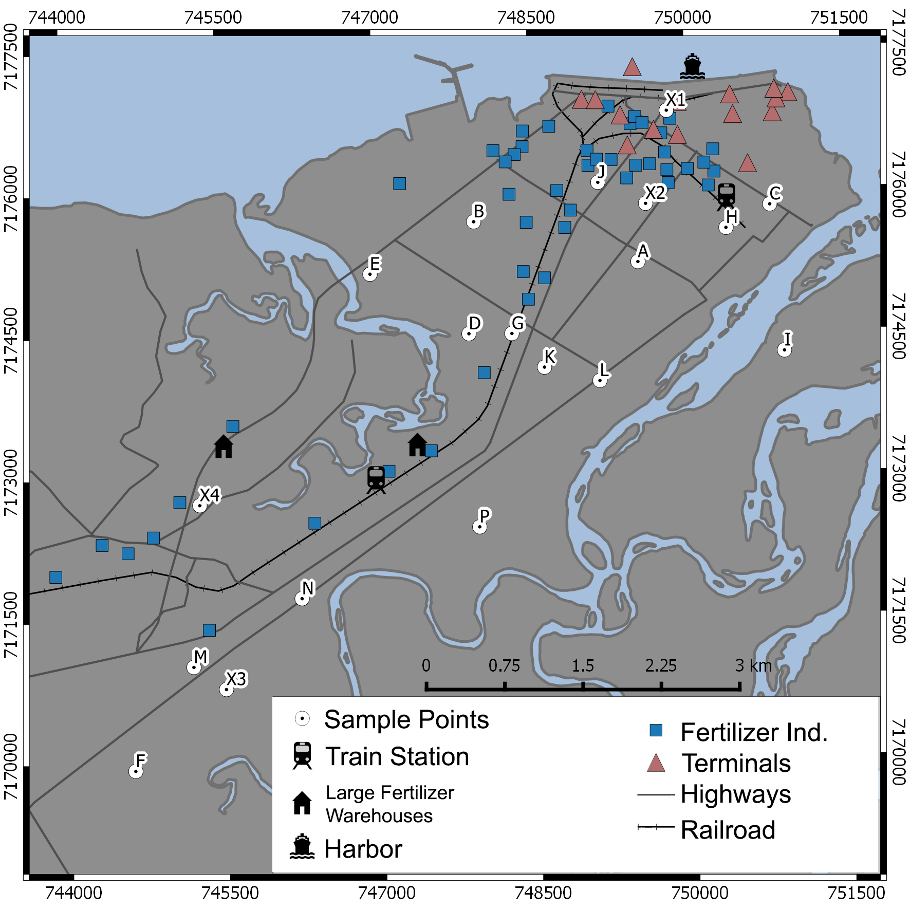 Sample points and location of the potential
air pollution emission sources in Paranaguá.