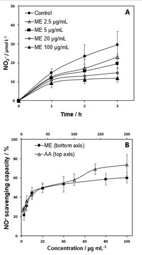 Antioxidant activity of ME on NO
scavenging. (A) NO2- concentration versus reaction time in the absence of
extract (control) and the presence of extract (2.5 at 100 µg mL-1). (B)  NO
scavenging by ME (2.5 at 100 µg mL-1) and by ascorbic acid (AA, 2.5 at 200 µg
mL-1), after 3 h of incubation.  Mean ± standard
deviation for assay made in triplicate from 3 extractions (n=3).