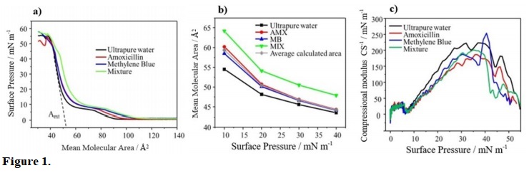 (a) Surface pressure isotherms of DPPC for 10−4 mol/L subphases with AMX, MB and the mixture at 23 C. (b) Modifications of the area induced by the subphases of AMX, MB and the mixture. (c) Compressional modulus versus surface pressure for DPPC monolayers obtained from the π-A isotherms.