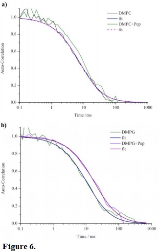 Autocorrelation function obtained from FCS experiments performed in small unilamellar vesicles of neutral DMPC and negative DMPG containing the fluorescent probe DiIC18. Experiments in citrate buffer pH 5.4, at 45 C, in the presence and in absence of DEN II 88–123 peptide.