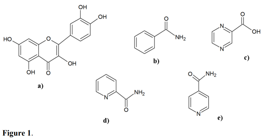 Structural formula of quercetin (a) and the coformers benzamide (b), pyrazinoic acid (c), picolinamide (d), isonicotinamide (e).