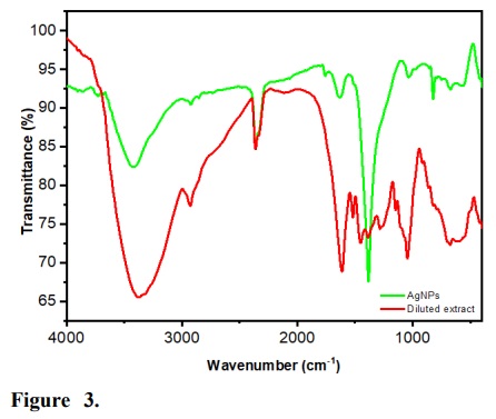 FTIR   spectra   of M.   ilicifolia(−dilutedaqueous extract) and (−AgNPs-MI).