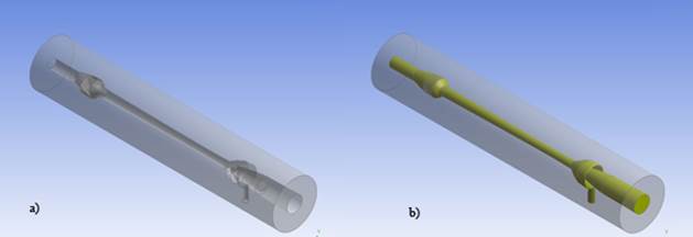 Geometrical 3D model of the NGL separation equipment design of the NGL separation equipment (this work). a) 3D geometry of the equipment, b) Domain for flow simulation