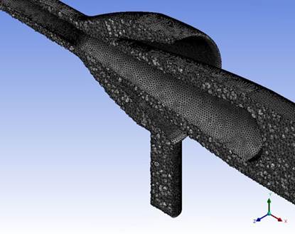 Mesh detail for the flow simulation domain of the NGL separation equipment design (this work)