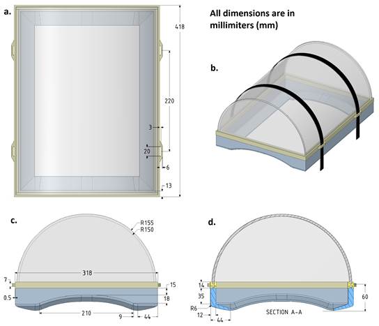 Views of the shape and final dimensions of the components of the cuirass. A) top view, b) three-dimensional perspective c) and d) lateral view