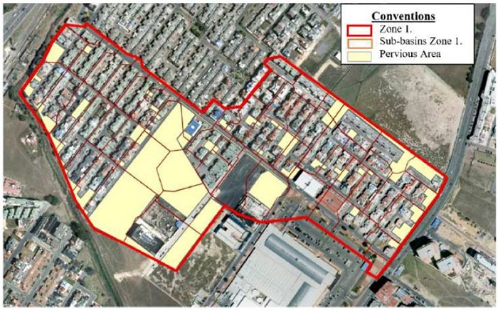 Urban basin bounded, Santa Ines drainage network. Zone 1. Sub-basins and permeable area