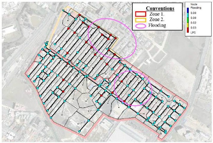Santa Ines district zone 1 and 2. 10 Return year period, minute 35 manhole flooding SWMM.