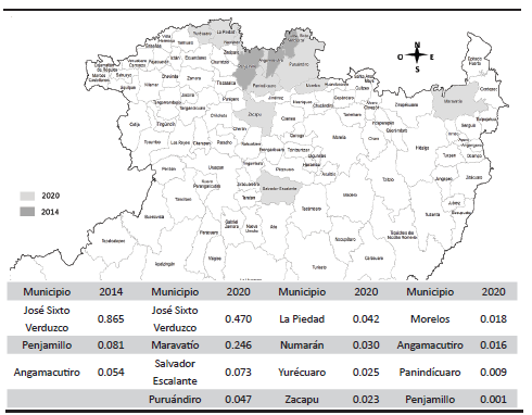 Michoacn: Cuota de Participacin en la produccin de esprrago segn municipio, 2014 y 2020