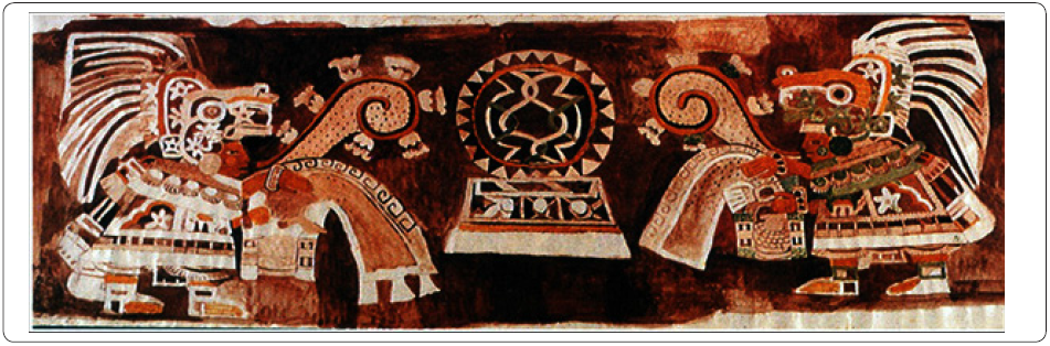 Pintura mural principal del
Centro de Barrio de Teopancazco, en donde se pueden
apreciar los elementos marinos que forman parte de la indumentaria de los
personajes (Obra de Starr[17]). Imagen proporcionada por la Dra. Linda R. Manzanilla,
durante las sesiones del seminario Teopancazco, en
2005.