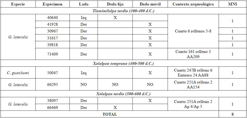 Relaci�n de los fragmentos de
quelas de cangrejos, cronolog�a del hallazgo, contexto
arqueol�gico y M�nimo N�mero de Individuos (MNI).