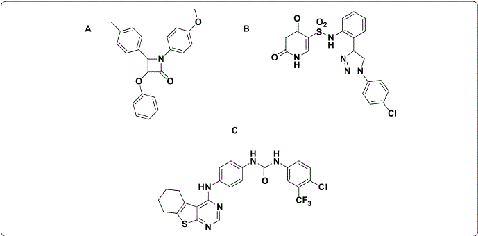 Chemical structures of compounds (A: β-lactam; B: uracil; and C:
							pyrimidin derivatives) with anticancer activity. Figure designed by the
							authors.