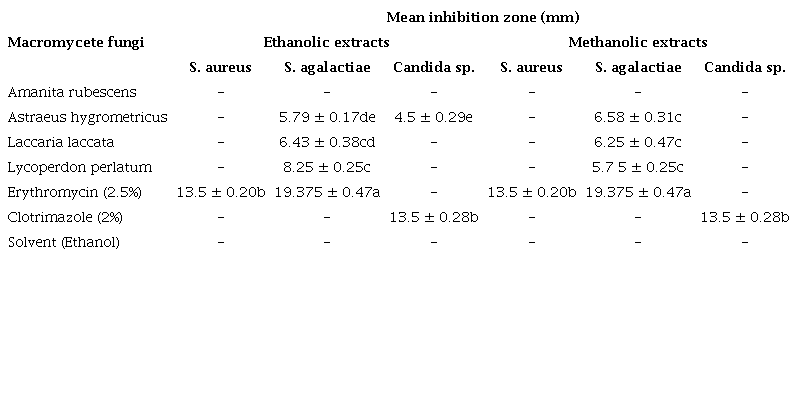 Antimicrobial activity of the ethanolic and methanolic extracts
of four macromycete fungi from Chihuahua.