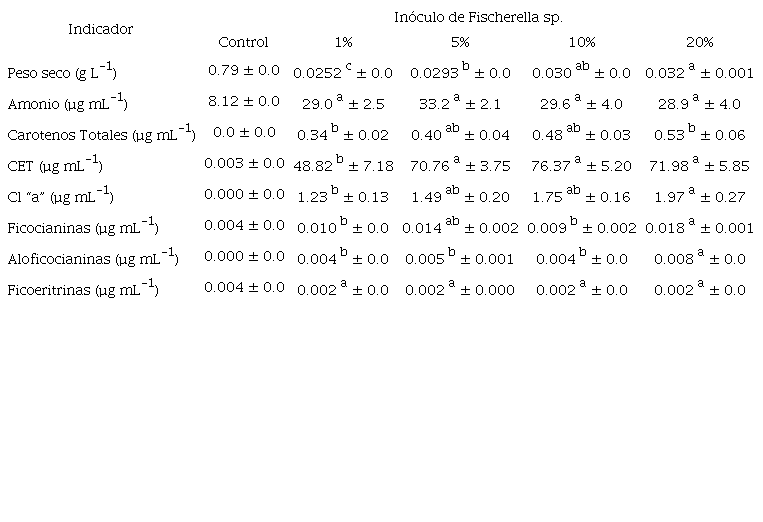 Concentración de diferentes indicadores al final de la cinética
(cinco semanas) de Fischerella sp. bioencapsulada con
diferente concentración de inóculo. Los valores son el promedio de 15
registros ± la desviación estándar. Control (cápsulas sin
cianobacterias). Letras iguales no existe diferencia significativa;
letras diferentes existe diferencia significativa.