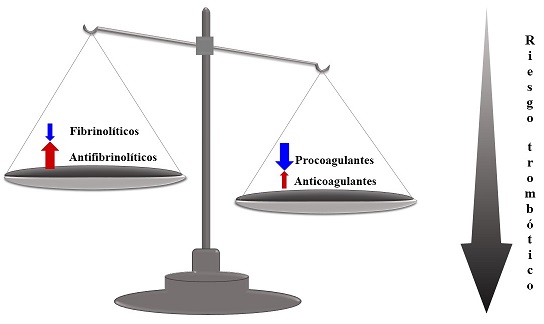 La coagulación sanguínea. En condiciones fisiológicas la sangre se mantiene líquida dentro de los vasos sanguíneos y se torna sólida únicamente en los sitios de daño vascular. Lo anterior es posible debido al equilibrio entre los factores procoagulantes y anticoagulantes de la hemostasia. Por otro lado, la fibrinólisis en equilibrio con sus inhibidores naturales degradará al coágulo evitando que se aloje en vasos de diámetro menor. Sin embargo, existen situaciones que favorecen la formación desregulada de los coágulos, mejor conocidos como trombos que pueden obstruir por completo la luz de los vasos sanguíneos. La actividad incrementada de las proteínas antifibrinolíticas y disminución de la actividad de los anticoagulantes naturales favorece por un lado que la hemostasia forme coágulos cuándo y dónde no se requieren, y por otro, que la fibrinólisis no sea capaz de degradarlos. Ambas situaciones elevan el riesgo de trombosis en las personas, poniendo en riesgo su salud y su vida.