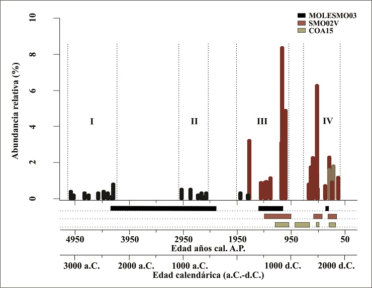 Abundancia relativa (%) de Iconella guatimalensis durante los últimos 5000 años en las secuencias sedimentarias del lago Santa María del Oro (MOLESMO03 y SMO02V) y del lago Coatetelco (COA15). Los números romanos (I, II, III y IV) identifican las ventanas temporales en las que se registra la presencia de I. guatimalensis en las secuencias estratigráficas analizadas. Las barras en la parte inferior de la figura destacan las secciones de cada una de las secuencias estratigráficas en las que se interpretan condiciones de sequía con base en otros indicadores paleoambientales.