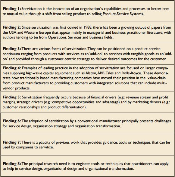 Main findings in the servitization literature review