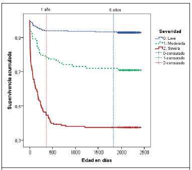 Funci&oacute;n de supervivencia de acuerdo a la severidad de la cardiopat&iacute;a cong&eacute;nita, cohorte de nacimieto 2006-2007, Costa Rica.