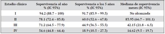 Tasas de supervivencia de los pacientes con c&aacute;ncer colorrectal del Hospital San Juan de Dios al a&ntilde;o, seg&uacute;n estadio cl&iacute;nico. (Enero 2010 a diciembre 2015)