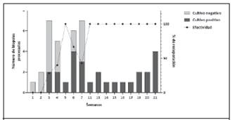 Evolución temporal de la cantidad de biopsias procesadas y el porcentaje de positividad del cultivo de Helicobacter pylori a partir de biopsias gástricas. El porcentaje de efectividad del cultivo incrementó hasta alcanzar un 100% a partir de la semana 11 debido a una mejor selección de los pacientes a los cuales se les tomó muestras.