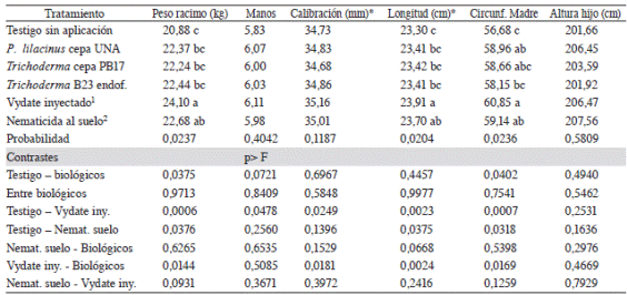 Variables de producci&oacute;n de plantas de banano (Musa AAA) cv. Grande Naine ubicadas en una plantaci&oacute;n comercial, las cuales se aplicaron con productos biol&oacute;gicos y qu&iacute;micos para el combate de nematodos.