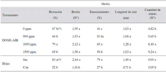 Efecto de varias dosis de AIB y de la presencia o ausencia de hojas sobre las variables relacionadas con el enraizamiento de Justicia tinctoria, realizado del 10 al 20 de agosto del 2012.
