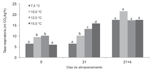 Tasa respiratoria promedio (ml CO2/kg*h) de frutos de piña almacenadas a diferentes temperaturas. Letras distintas indican la diferencias significativas según prueba de Tukey (p= 0,05).