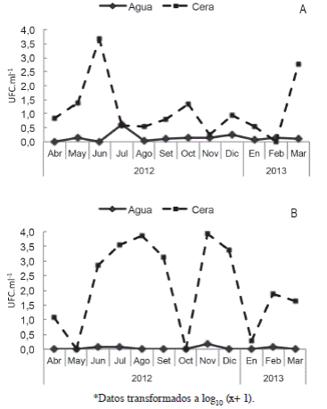 Promedio mensual de UFC.ml-1 de hongos en aguas de lavado-desinfecci&oacute;n y cera de las fincas de Puntarenas (A) y Sarapiqu&iacute; (B).