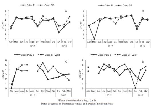 Promedio mensual de UFC.ml-1 de hongos de la suspensi&oacute;n de c&aacute;scara de fruta reci&eacute;n cosechada, procesada (P) y sin procesar (SP), a la cosecha y luego de 22 d&iacute;as de almacenamiento en las fincas de Puntarenas (A y C) y Sarapiqu&iacute; (B y D).
