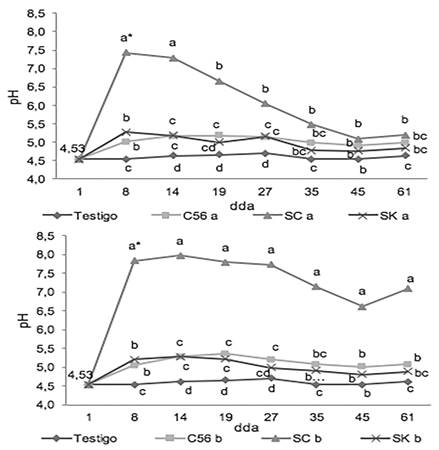 Curva de pH en el tiempo a la aplicaci&oacute;n de enmiendas l&iacute;quidas en un Ultisol.