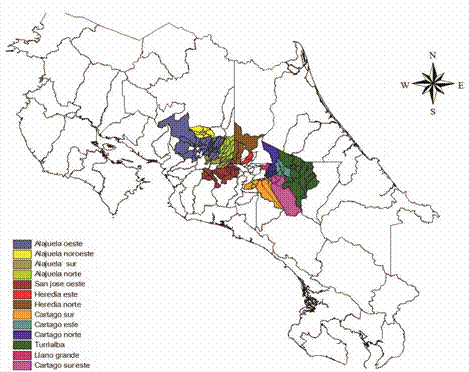 Ubicaci&oacute;n de las 13 zonas productoras de hortalizas evaluadas. 2013.