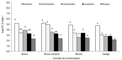 Poblaci&oacute;n de microorganismos en hojas de cafeto tratadas con lixiviados de vermicompost.