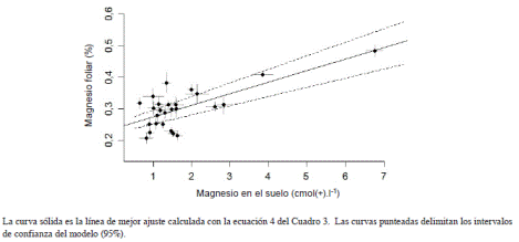 Relación entre la concentración de magnesio en la solución del suelo y el tejido foliar del café.