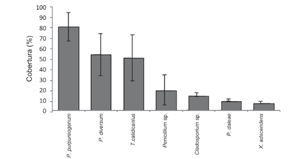 Porcentaje promedio de cobertura del medio de cultivo PDA + Al, con el micelio de los hongos m&aacute;s frecuentes en las empacadoras de Puntarenas y Sarapiqu&iacute;.
